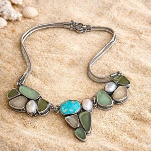 Signed Jessica Lee Sterling Silver Sea Glass Pearl Necklace Artisan Handmade